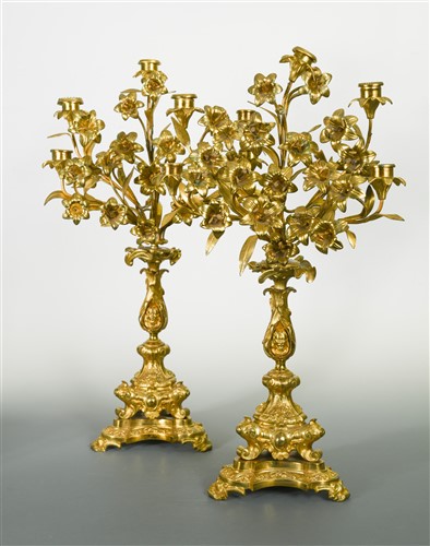 Lot 312 - A pair of late 19th century gilt bronze floral candelabra