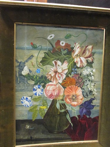 Lot 368 - Still life of flowers on a ledge, oil on...