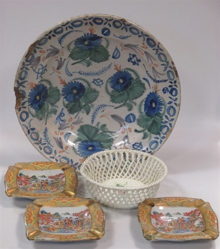 Lot 221 - Delft plate, three Chinoiserie decorated...