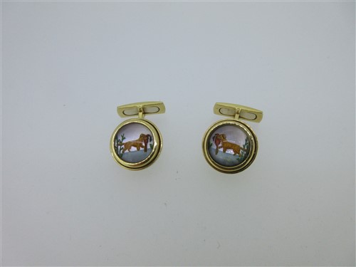 Lot 17 - A pair of dog and pheasant Essex crystals set in 18ct gold hand made cufflinks