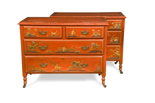 Lot 576 - A pair of red japanned and painted chests, early 20th century