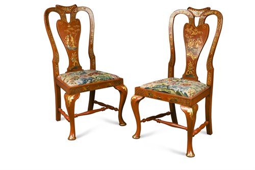 Lot 574 - A pair of George I style red japanned side chairs, 20th century
