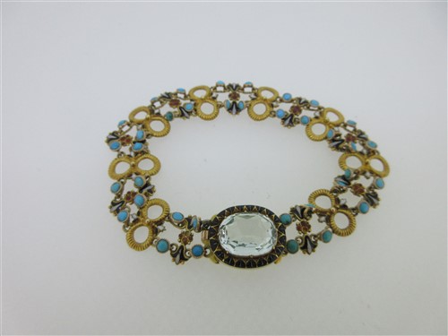 Lot 187 - A 19th century Renaissance revival turquoise and enamel bracelet with aquamarine clasp