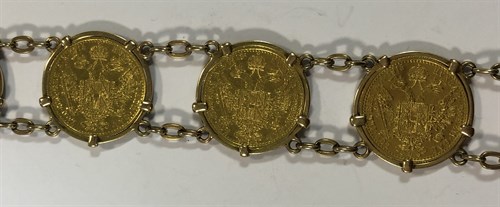 Lot 356 - A bracelet set with six Austrian one ducat gold coins