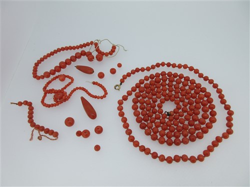 Lot 111 - A long coral bead necklace together with various loose coral beads and drops