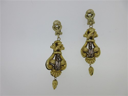 Lot 209 - A pair of 19th century part-enamelled pendant earclips