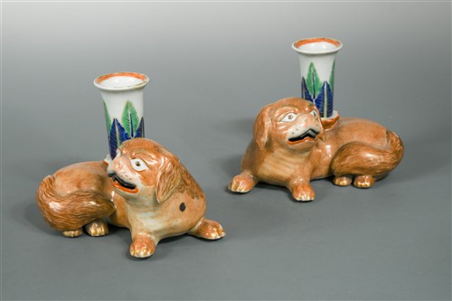 Lot 30 - A Pair of Chinese Export Porcelain Pug Dog Candle Holders, Qing Dynasty, Jiaqing Period (1796-1820)