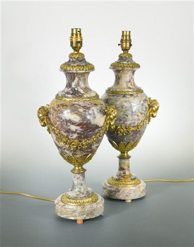 Lot 311 - A pair of gilt mounted urn form table lamps
