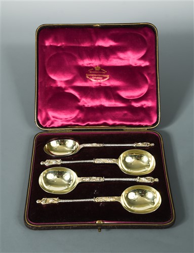 Lot 629 - A cased set of four Victorian silver parcel gilt apostle spoons