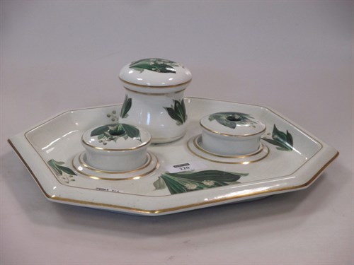 Lot 220 - A Belleek pearlware desk set, decorated with...