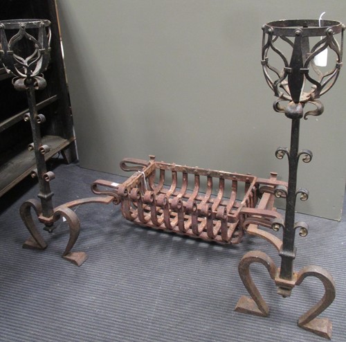 Lot 713 - An Arts & Crafts fire basket and andirons