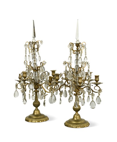 Lot 303 - A pair of 19th century five light cut glass and brass table lustres