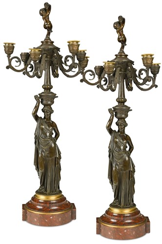 Lot 315 - A pair of Napoleon III bronze and ormolu candelabra