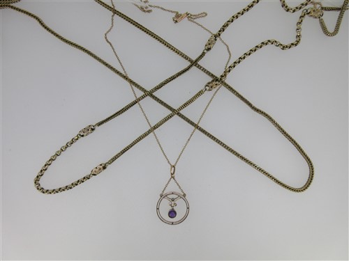 Lot 53 - Two fancy link neckchains together with an Edwardian amethyst and seed pearl pendant and chain