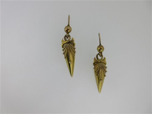Lot 83 - A pair of Victorian embellished drop earpendants