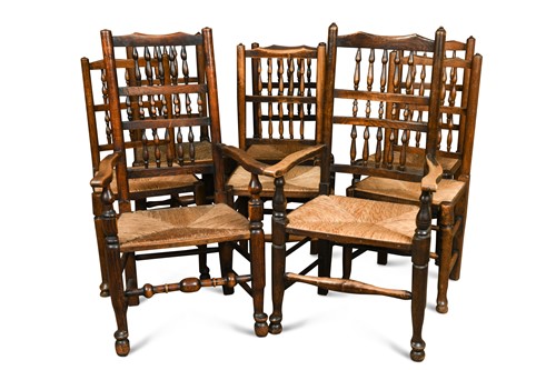 Lot 421 - A harlequin set of eight 18th century Lancashire ash spindleback dining chairs