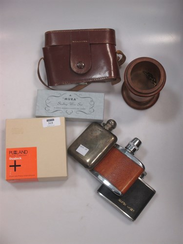 Lot 315 - A Silver hip flask (worn) 3.15ozt, 2 other...