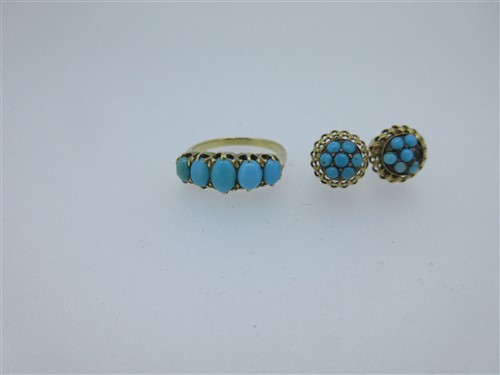 Lot 185 - A five stone turquoise ring together with a pair of Victorian turquoise earstuds