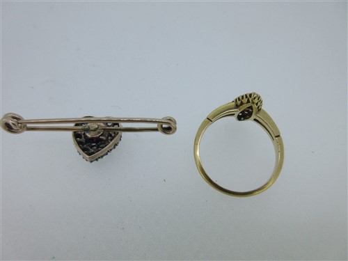 Lot 93 - A Victorian diamond and ruby navette ring and a diamond and ruby heart brooch