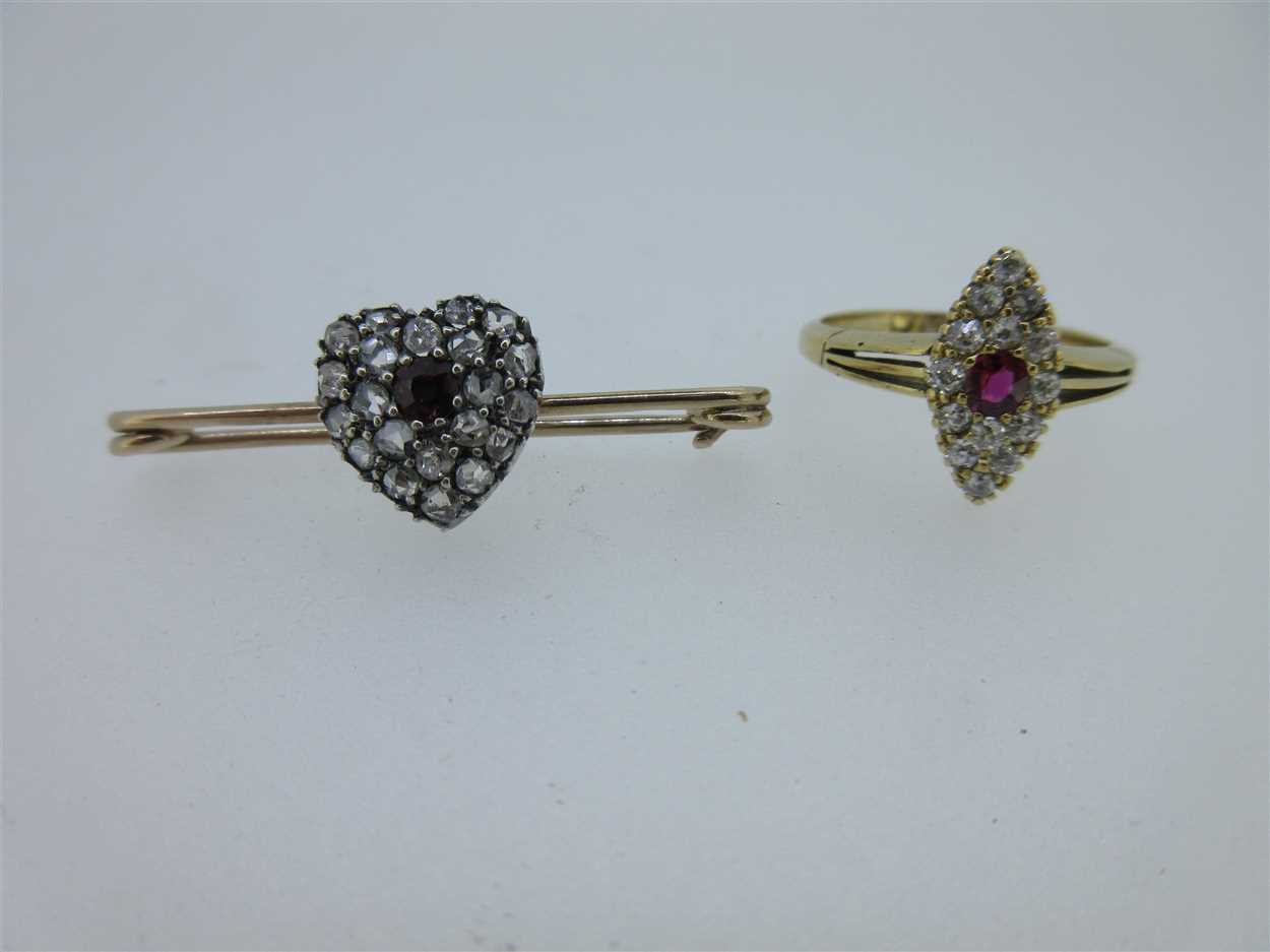 Lot 93 - A Victorian diamond and ruby navette ring and a diamond and ruby heart brooch