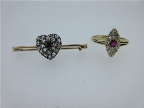 Lot 93 - A Victorian diamond and ruby navette ring and a diamond and ruby heart brooch