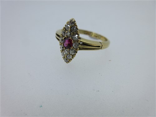 Lot 93 - A Victorian diamond and ruby navette ring and a diamond and ruby heart brooch