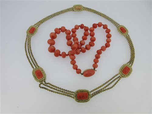 Lot 279 - An early 19th century three row festoon coral necklace together with a coral bead necklace