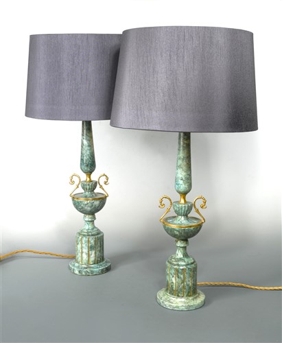 Lot 317 - A pair of neoclassical green alabaster table lamps
