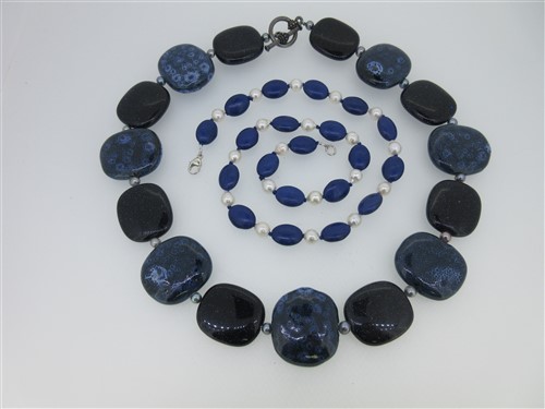 Lot 61 - Two cultured pearl and blue hardstone necklaces