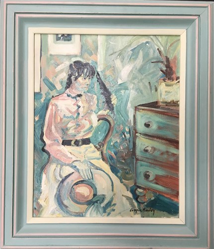 Lot 44 - Angela Bailey, Young lady with a fan, oil on...