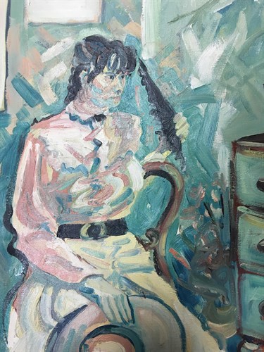 Lot 44 - Angela Bailey, Young lady with a fan, oil on...