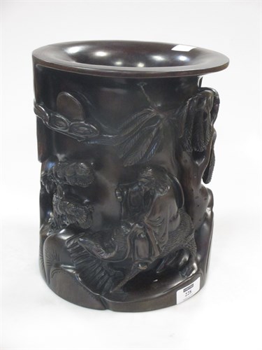 Lot 228 - A large Chinese carved hardwood brush pot,...