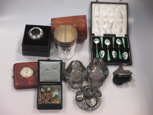 Lot 360 - A set of six silver and enamel coffee spoons...