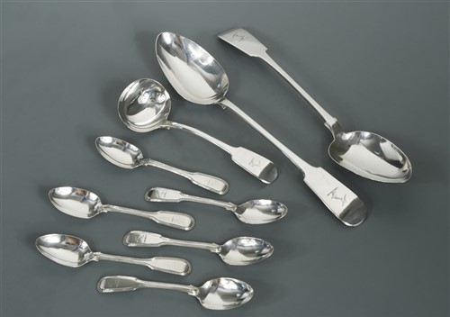 Lot 686 - Newcastle - A pair of William IV silver basting spoons, a sauce ladle and 6 later teaspoons