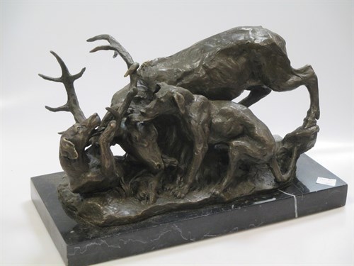Lot 283 - After Mene, a 20th century bronze of hounds...