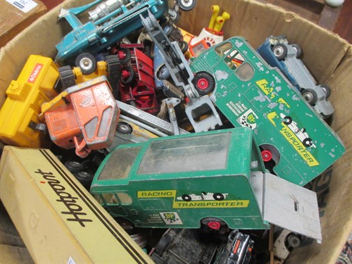 Lot 303 - Box of playworn Dinky and other model cars etc