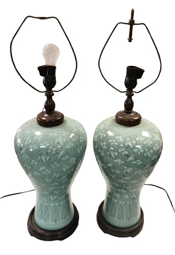 Lot 320 - A pair of 20th century Chinese celadon vases as lamps