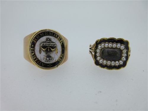 Lot 38 - A Georgian diamond and enamel memorial ring and a connected Regency seed pearl and hairwork ring