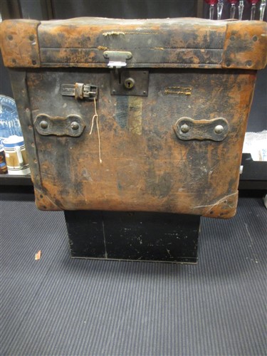 Lot 179 - A leather travelling trunk together with a metal strong box