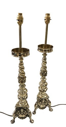 Lot 325 - A pair of modern 17th century style brass pricket table lamps