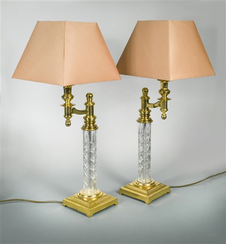 Lot 322 - A pair of modern cut glass and brass table lamps