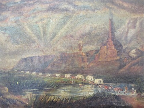 Lot 441 - J Wathall (British, 19th Century), Waggon trail through Monument Valley
