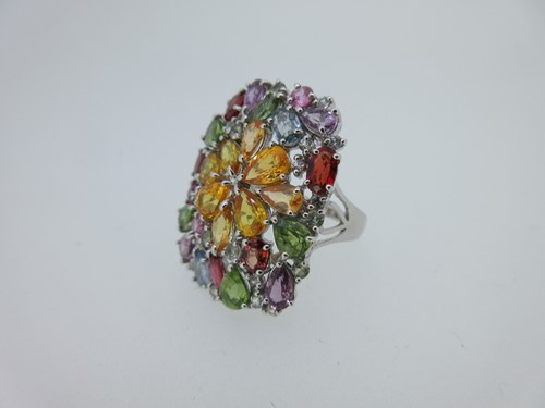 Lot 95 - A multi-gem panel ring set in white gold