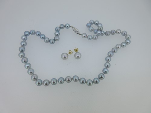 Lot 150 - A matched suite of dove grey cultured pearl earstuds and necklace