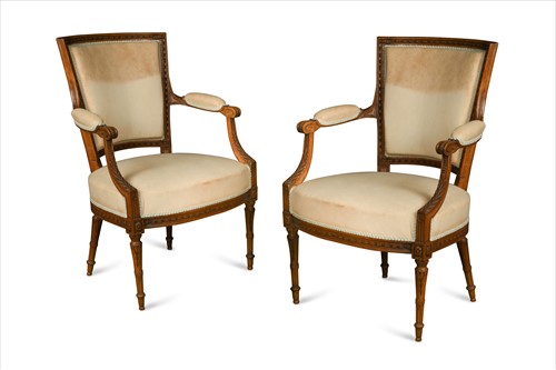 Lot 421 - A pair of French carved beech fauteuils, early 19th century