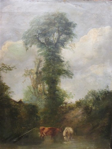 Lot 307 - English School, 19th Century -Cattle at a watering hole, 24 x 27in