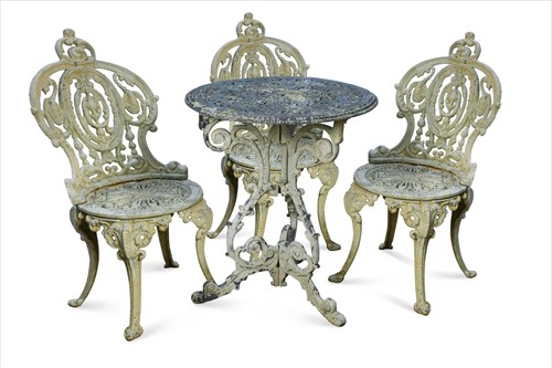 Lot 434 - A white painted cast iron table and three chairs, 20th century