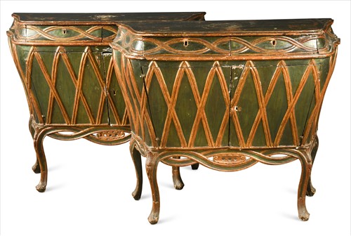 Lot 384 - A Pair of Venetian green and parcel gilt commodes, possibly 19th Century