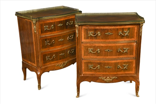 Lot 396 - A pair of Louis XVI style rosewood and kingwood banded petit commodes, late 20th century