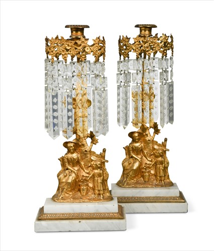 Lot 401 - A pair of gilt metal and marble lustres, mid to late 19th century